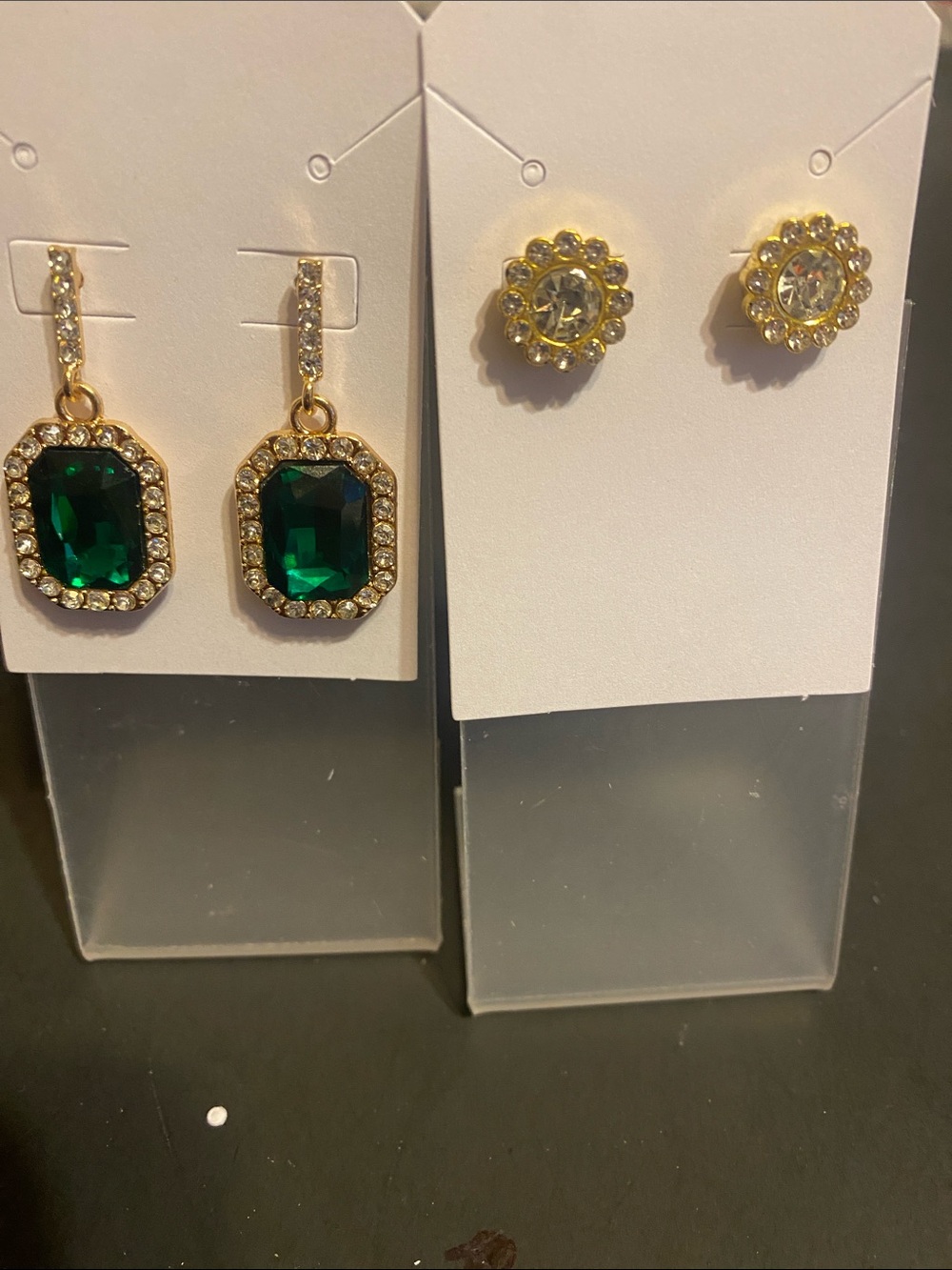 Gold-Plated Earrings with Emerald Green Crystal Drop and Clear Crystal Studs
